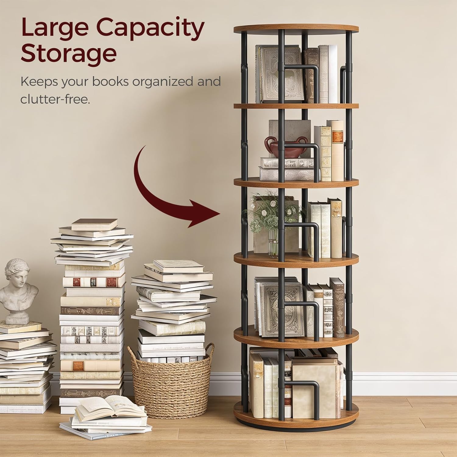 MAHANCRIS Rotating Bookshelf, 5-Tier Book Shelf, 360° Spinning Bookcase, Freestanding Storage Shelf with Guardrails, for Small Space, Living Room, Bedroom, Home Office, Rustic Brown and Black BKHR4501
