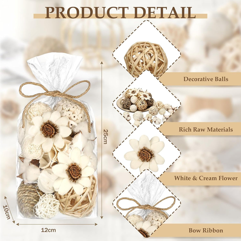 Riceshoot White 2 Pack Potpourri Decorative Balls Bowl Filler Decor Summer Natural Vase Bowl Filler Centerpiece Assorted Spherical Sunflower Lemon Rattan Twigs Wicker Ball Cotton for Home