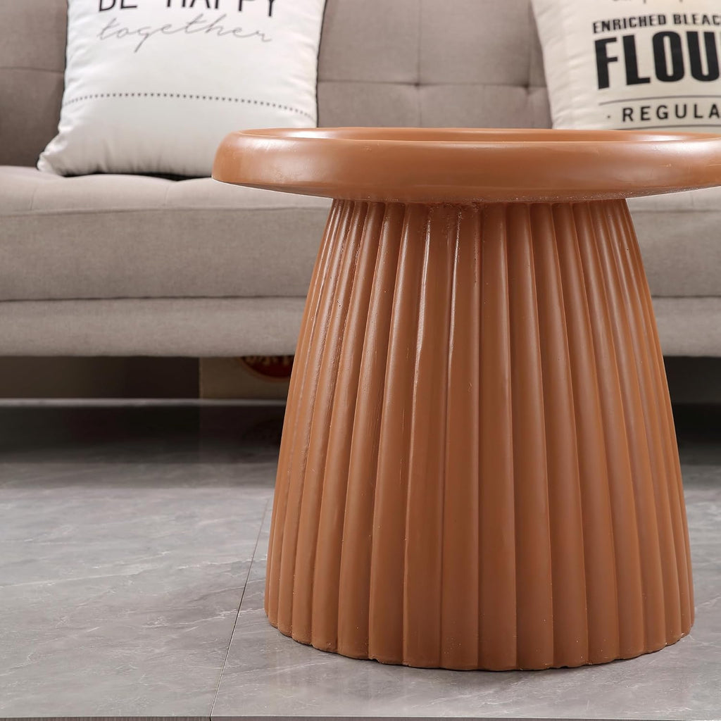 19.69" Round Light Terracotta MGO End Table for Indoors and Outdoors, Mid-Century Modern Magnesium Oxide Fluted Base Side Table, Circle Fluted End Table for Living Room Patio