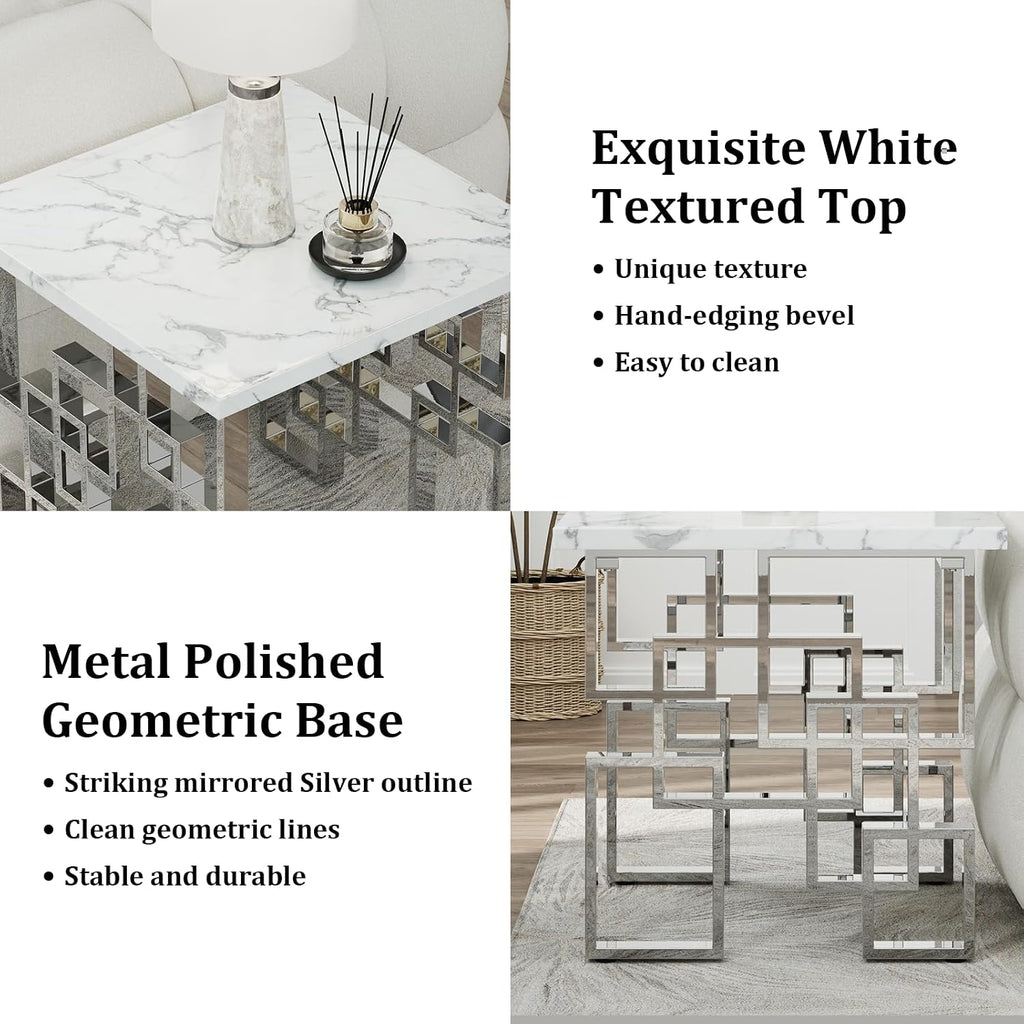 AUZ Silver End Table, Modern Square Living Room Side Table with White Faux Marble Top and Mirrored Silver Metal Geometric Base