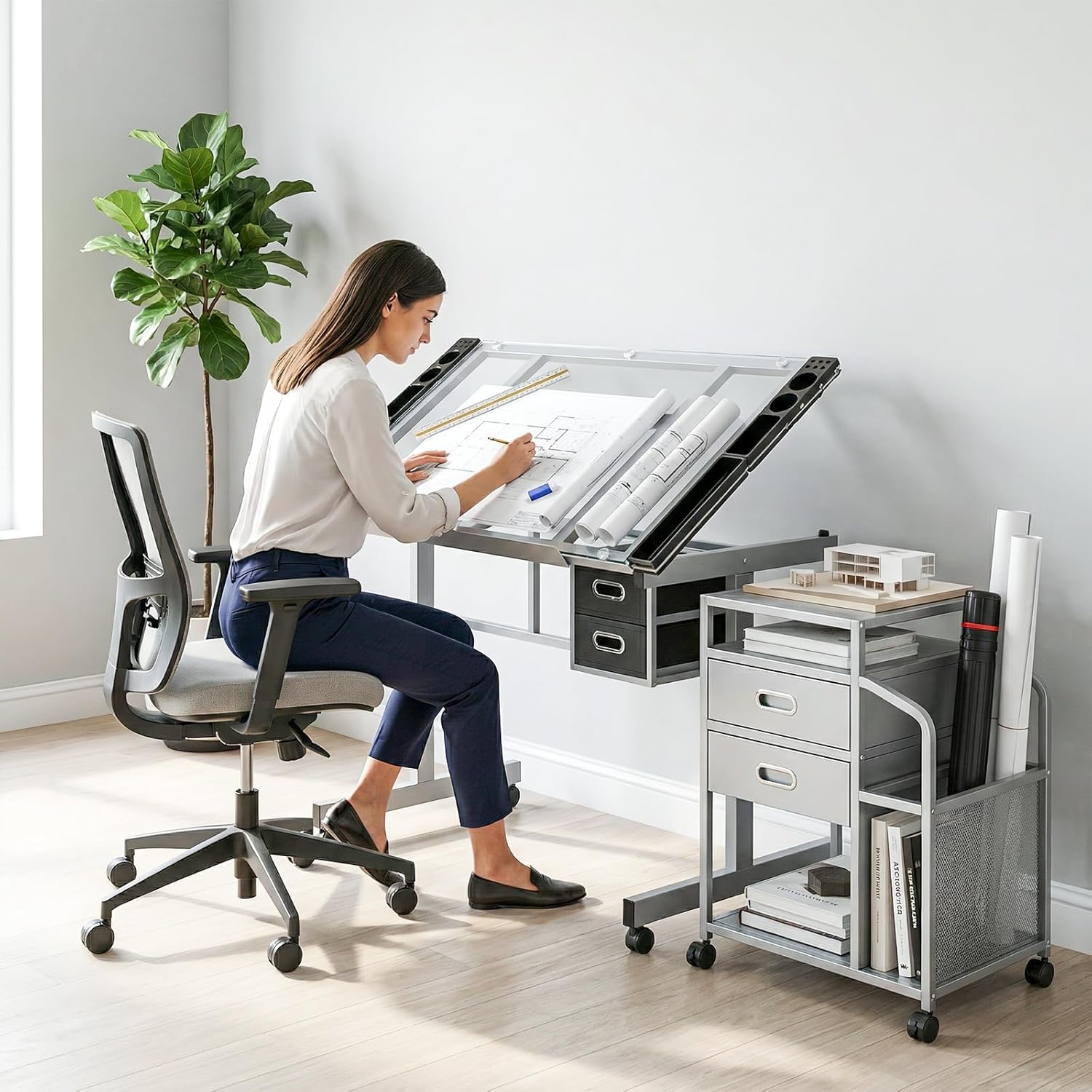 Magshion Professional Drafting Table for Adults Teens, Tilting Glass Tabletop Art Craft Desk Diamond Watercolor Paintings Sketching Work Station for Home Office Reading, Writing, Crafting (Clear)