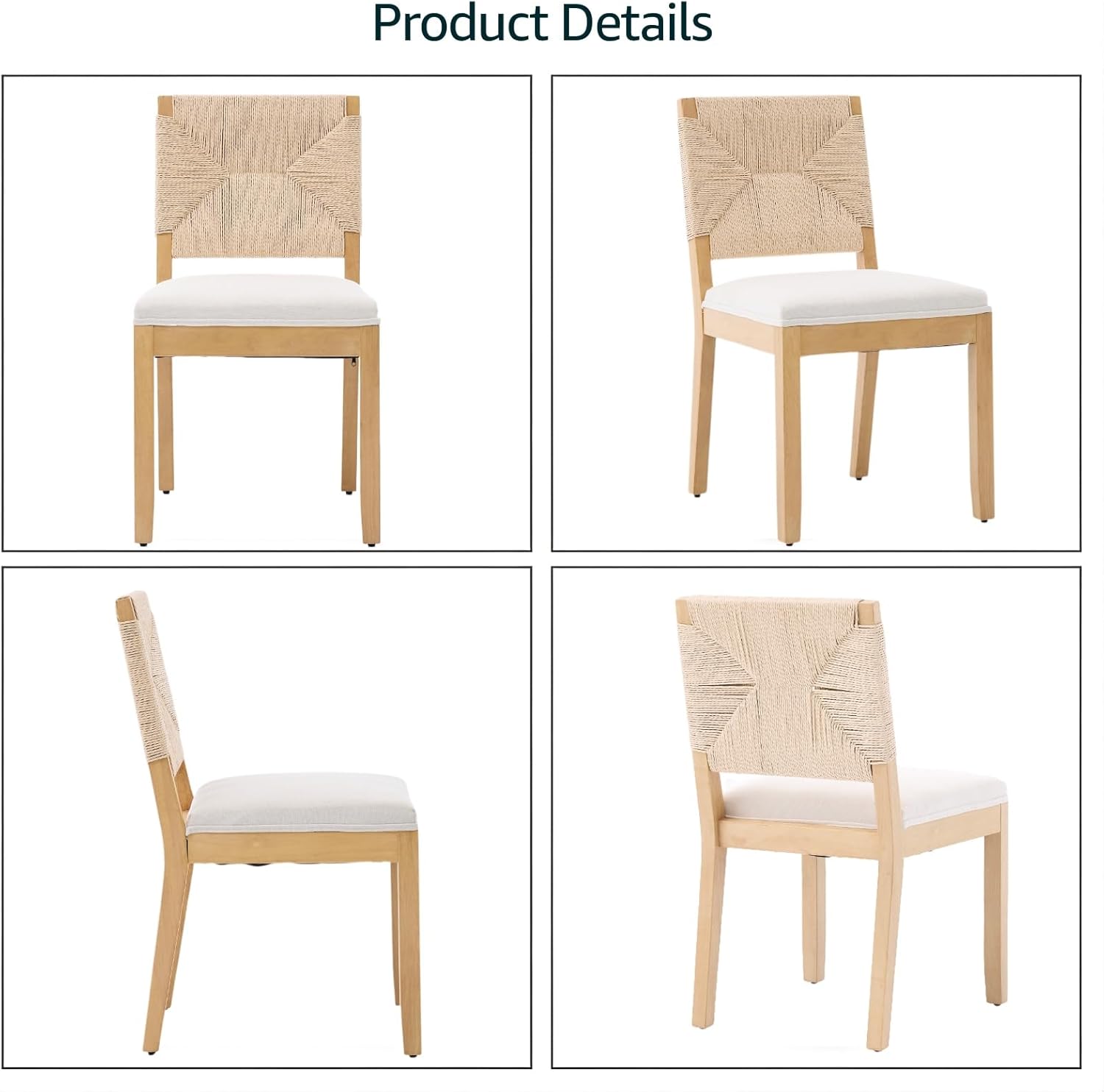French Country Dining Chairs Set of 8, Beige Farmhouse Wood Dining Room Chairs, Woven Back Linen Upholstered Dining Chair, Solid Wood Legs, Boho Style Kitchen Chairs, Sillas de Comedor
