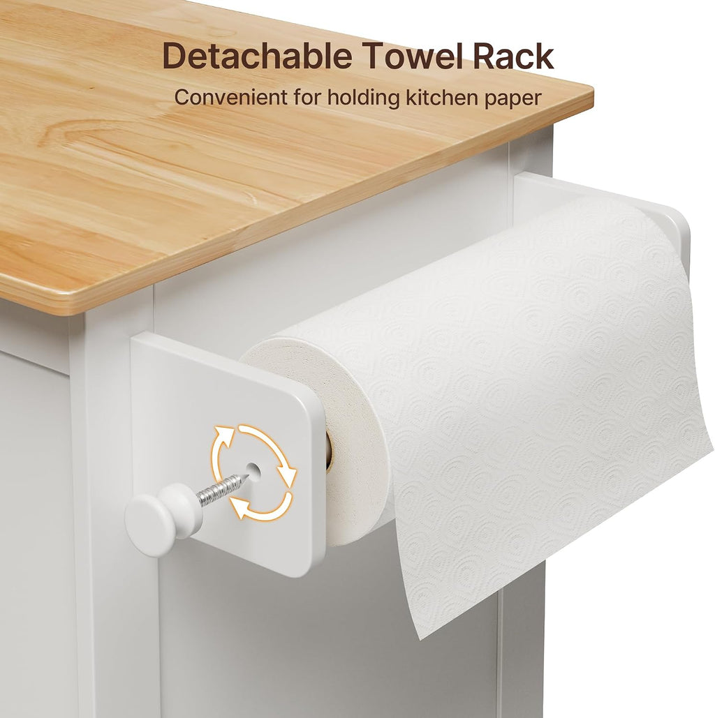Gizoon Kitchen Island Cart with Adjustable Shelf | Drawer & Storage Cabinet, Spice Rack & Towel Rack, for Dining Room, Bar, White, Tabletop-oak color