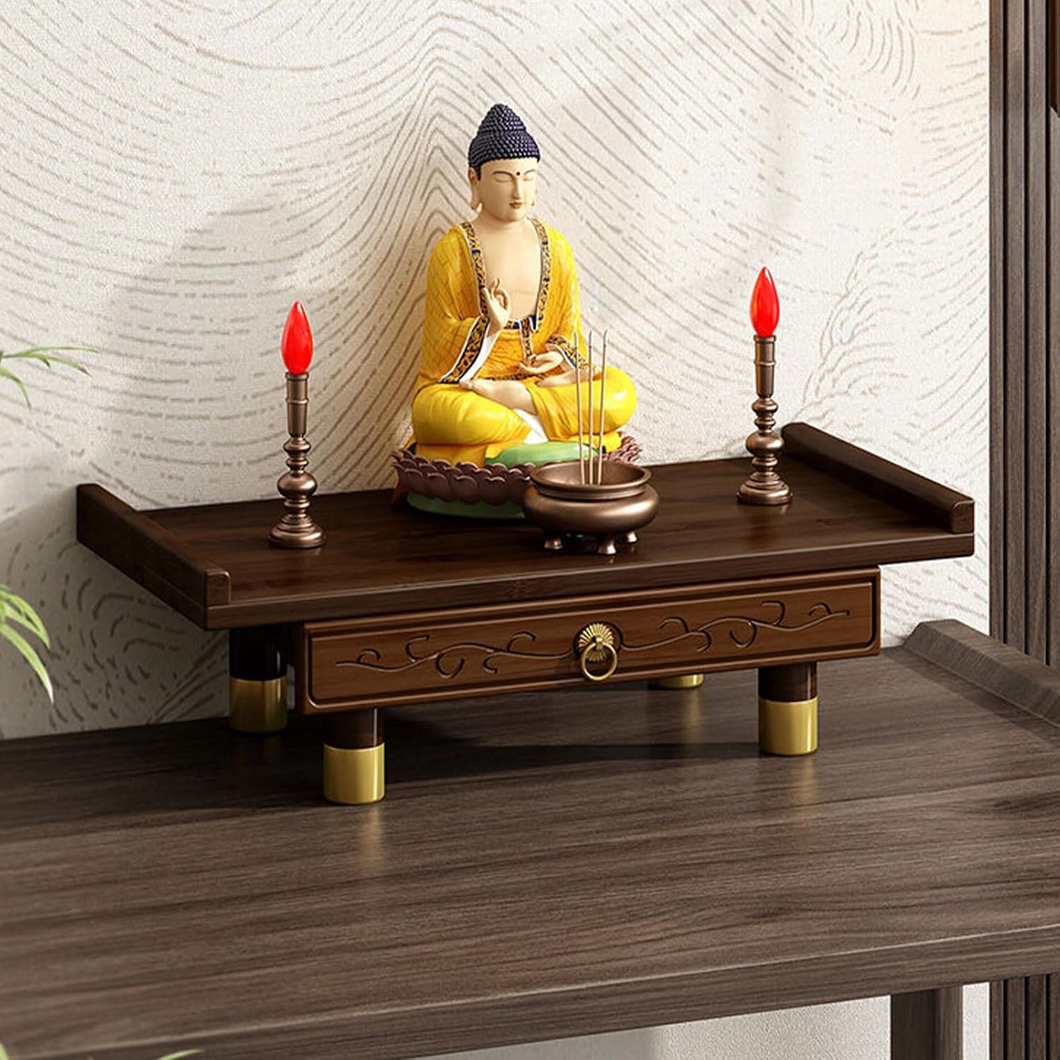 Meditation Altar Table, Personal Meditation Altar Cabinet, Small Puja Table, Tea Japanese, Altar Table with Storage & Drawers Prayer Shrine Desk(66 * 26cm/26 * 10.2in)
