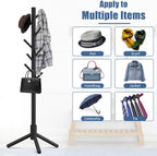 Haddockway Wooden Coat Rack Stand with 8 Hooks New Zealand Pine 3 Adjustable Coat Standing Tree Easy Assembly for Coats, Hats, Scarves and Handbags for Entryway, Hallway, Bedroom, Office