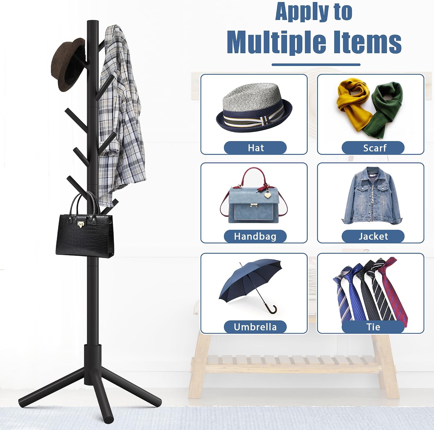 Haddockway Wooden Coat Rack Stand with 8 Hooks New Zealand Pine 3 Adjustable Coat Standing Tree Easy Assembly for Coats, Hats, Scarves and Handbags for Entryway, Hallway, Bedroom, Office