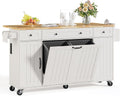 ONBRILL 69" Kitchen Islands with Dual Trash Cabinets, Rolling Island Cart with Large Storage, Dining Table with Solid Wood Drop Leaf, Bar Table with Power Outlet & Spice & Towel Rack, White