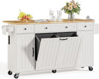 ONBRILL 69" Kitchen Islands with Dual Trash Cabinets, Rolling Island Cart with Large Storage, Dining Table with Solid Wood Drop Leaf, Bar Table with Power Outlet & Spice & Towel Rack, White