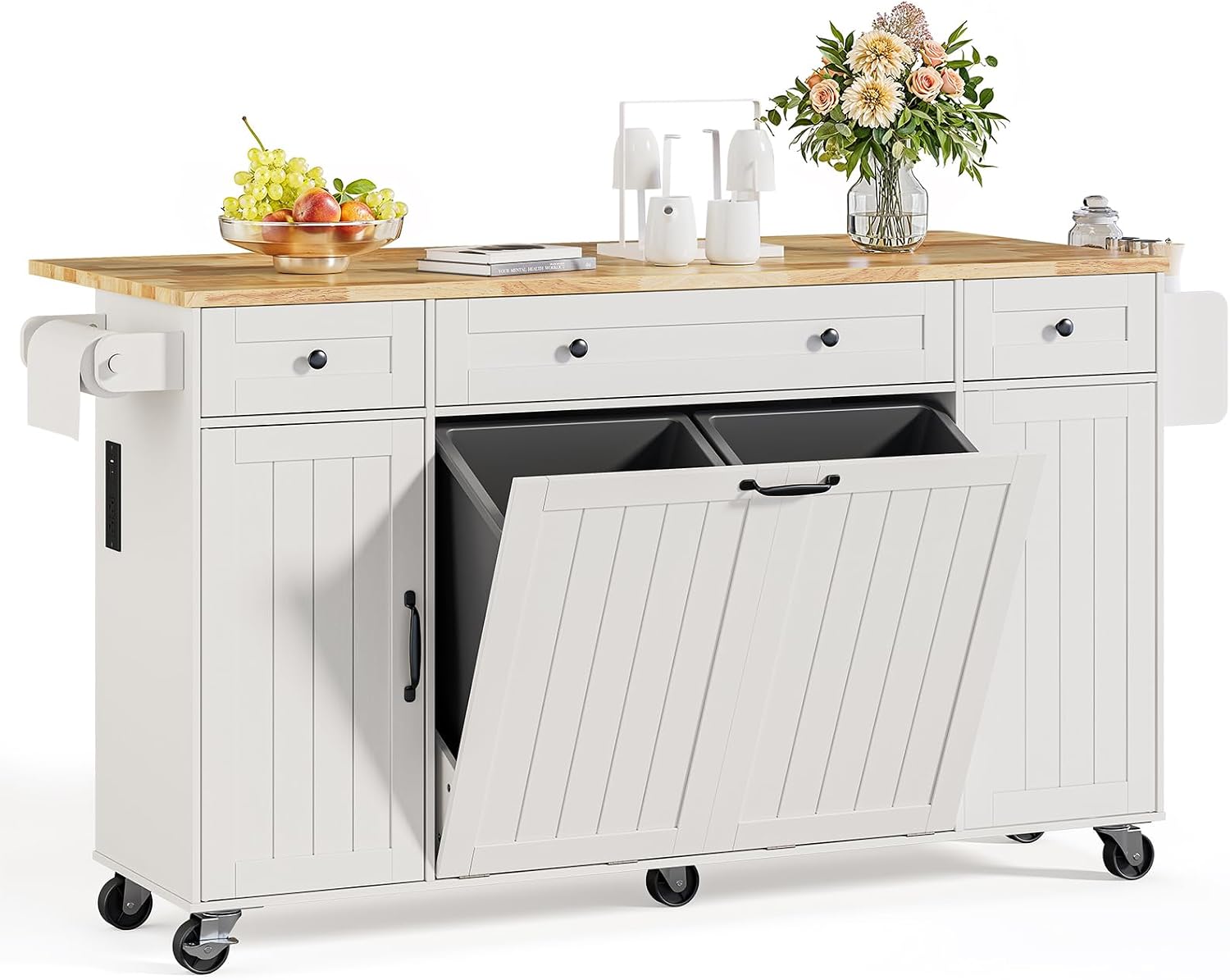 ONBRILL 69" Kitchen Islands with Dual Trash Cabinets, Rolling Island Cart with Large Storage, Dining Table with Solid Wood Drop Leaf, Bar Table with Power Outlet & Spice & Towel Rack, White