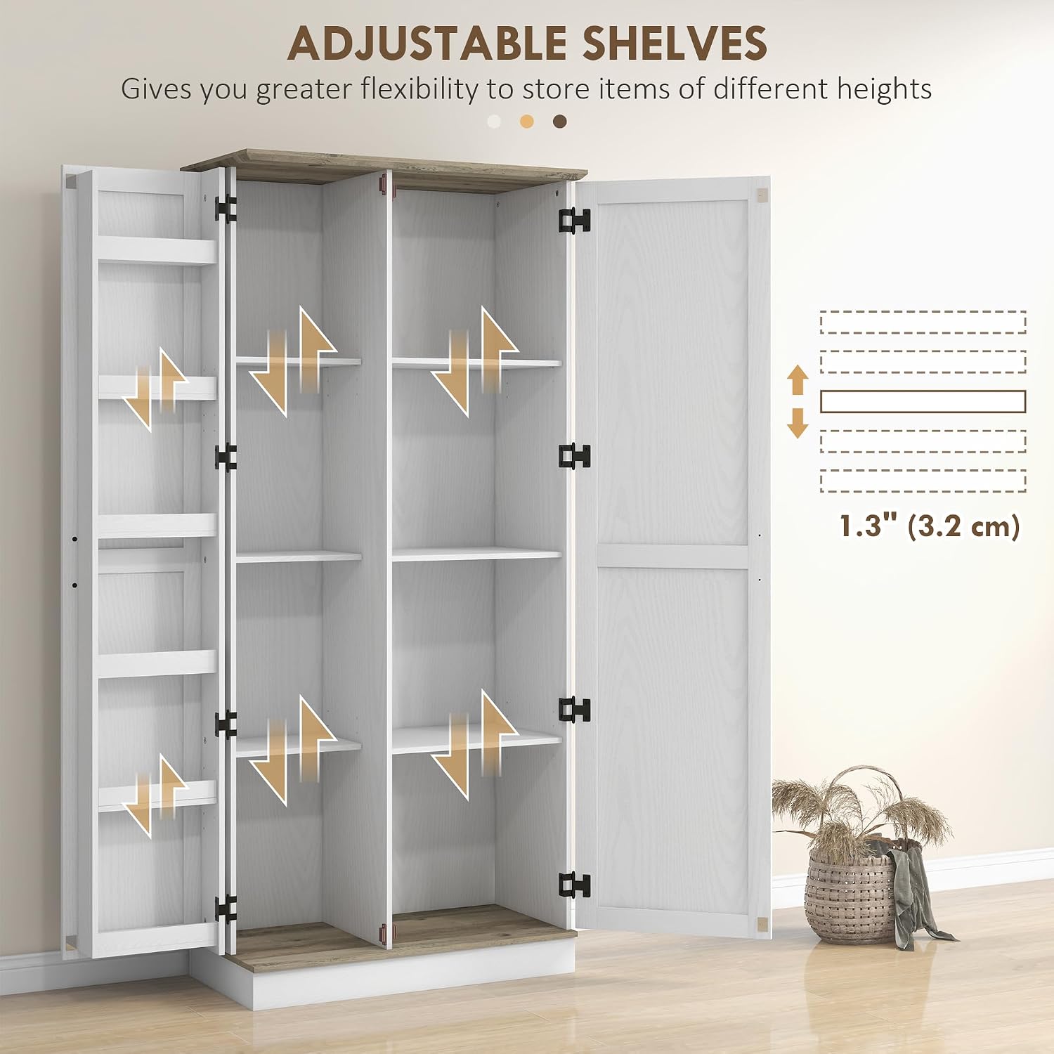 70" Tall Kitchen Pantry Cabinet, Modern Storage Cabinet with 6 Spice Racks and Adjustable Shelves, Freestanding Cupboard for Living Room, Dining Room, Cream White,15.7 * 31.5 * 69.8