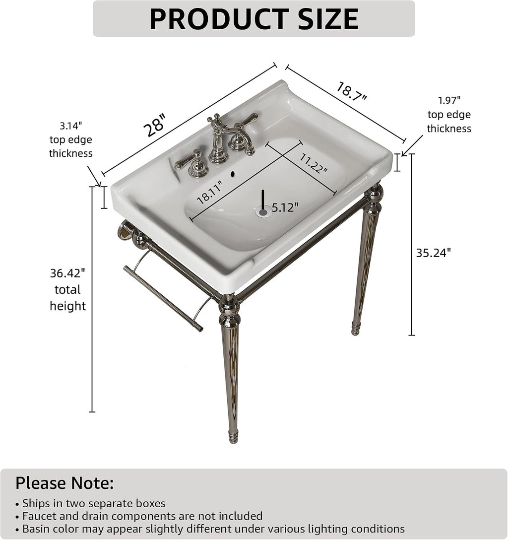 28 Inch Console Bathroom Vanity with Ceramic Sink, Open-Frame Stainless Steel Legs with Towel Bar, 3 Faucet Holes, Wall-Mounted Support, No Faucet (Silver Frame | White Sink)