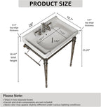 28 Inch Console Bathroom Vanity with Ceramic Sink, Open-Frame Stainless Steel Legs with Towel Bar, 3 Faucet Holes, Wall-Mounted Support, No Faucet (Silver Frame | White Sink)