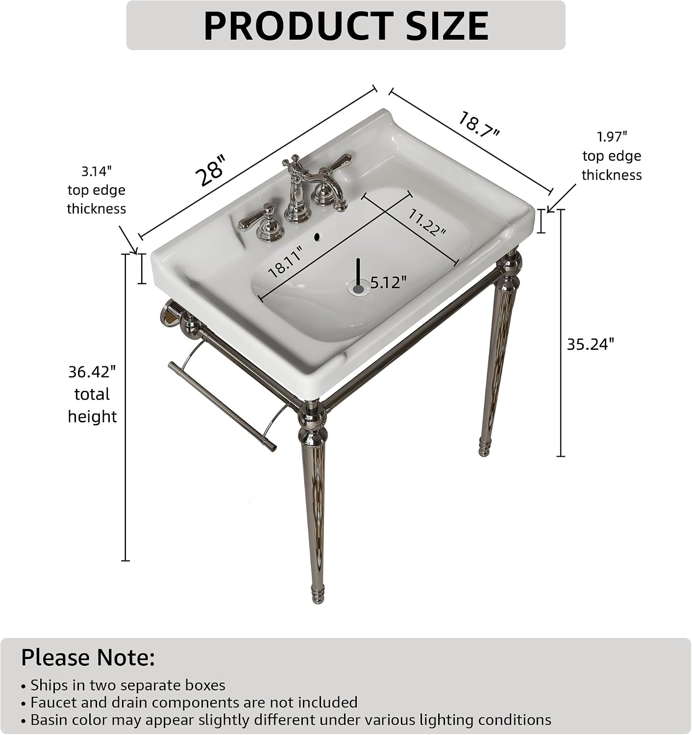 28 Inch Console Bathroom Vanity with Ceramic Sink, Open-Frame Stainless Steel Legs with Towel Bar, 3 Faucet Holes, Wall-Mounted Support, No Faucet (Silver Frame | White Sink)