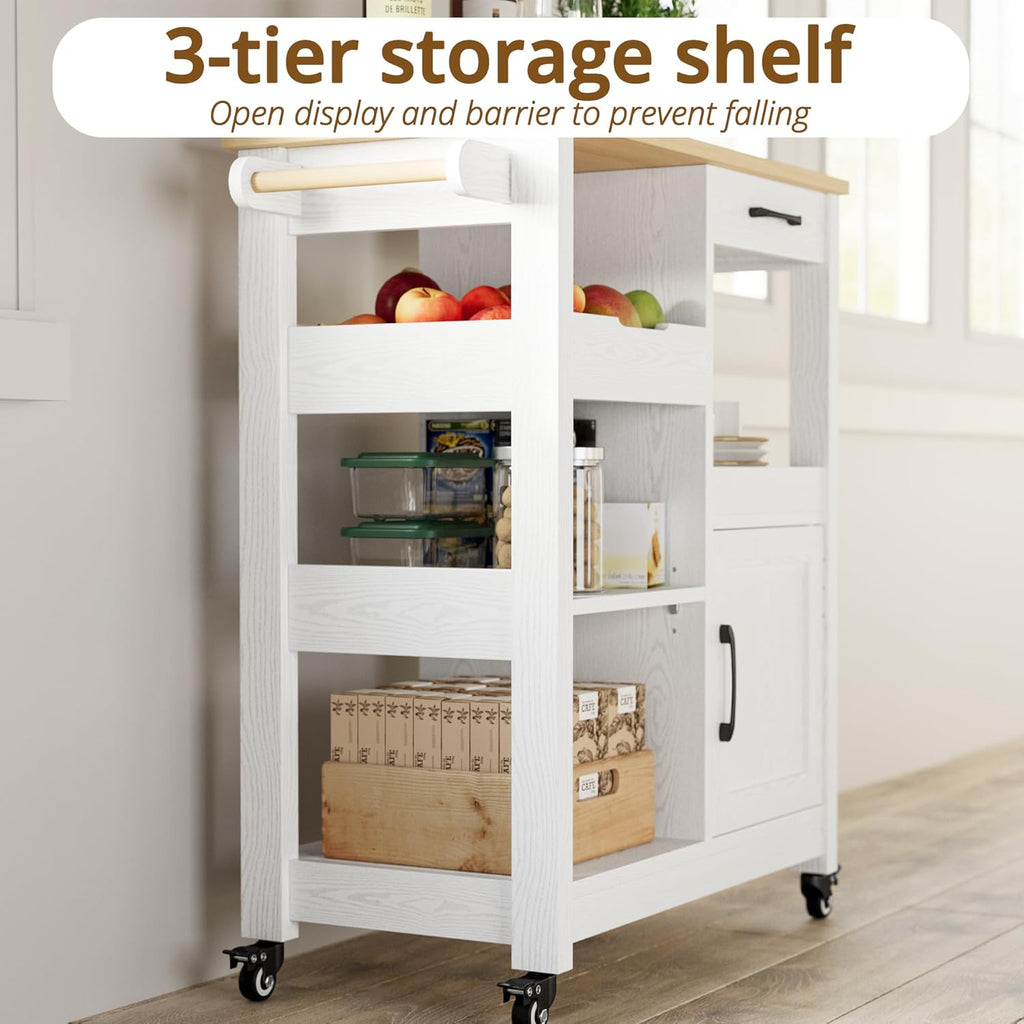 IRONCK Kitchen Island with Storage, Rolling Kitchen Island on Wheels, Kitchen Cart with Cabinet, Open Shelves, Drawer for Home,White and Natural