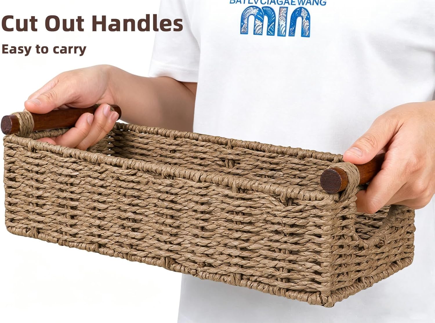 CubesLand Small Wicker Toilet Basket Tray Organizer W/Cut Out Handle, Handwoven Slim Decorative Basket for Countertop, Shelves And for Rustic Home Decor, Living Room, Nursery Organization, Neutral