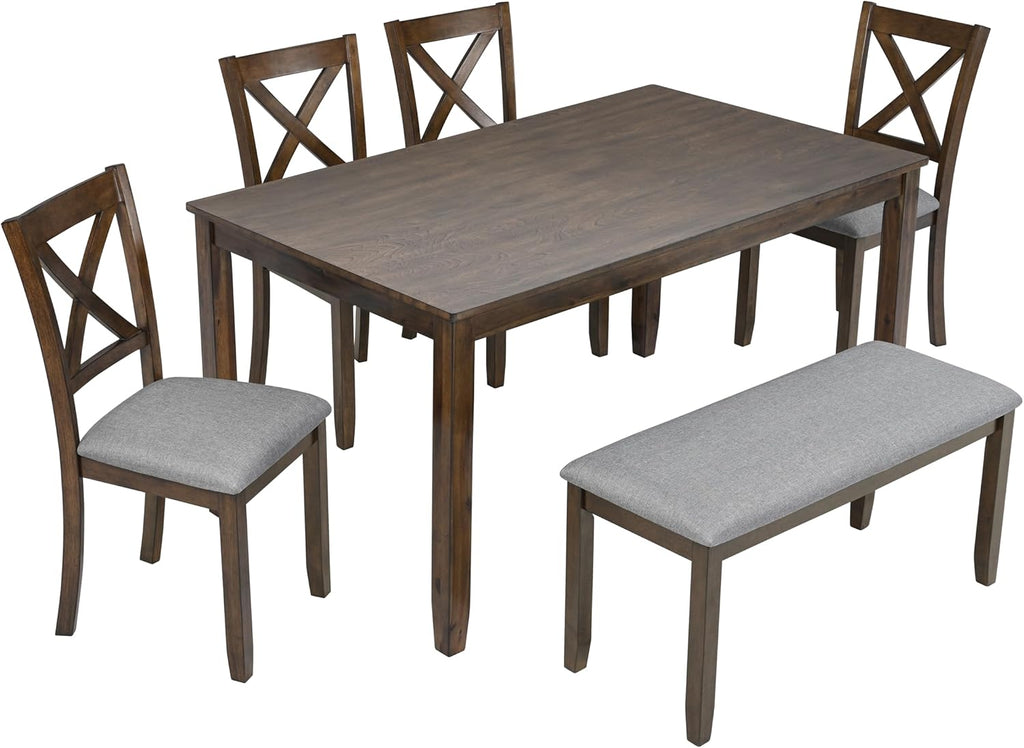 LUMISOL 6-Piece Solid Wood Dining Table Set, Wood Kitchen Table with 4 Chairs and Bench, Farmhouse Dining Table with Bench and Chairs Set for Kitchen, Living Room, Walnut Grey