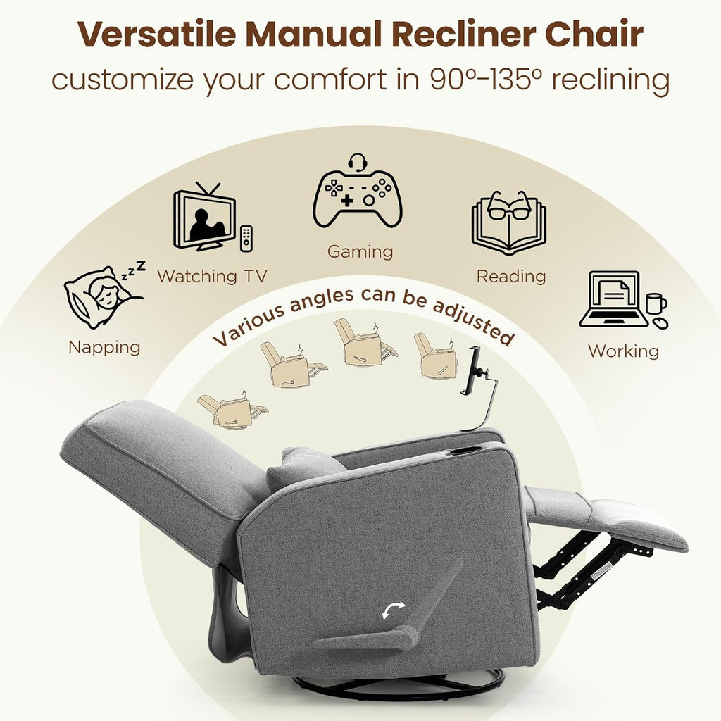 360° Swivel Rocker Recliner Chair with Adjustable Footrest, Rocking Chair Nursery with Phone Stand & Cup Holder,Manual Nursing Chair Glider Recliner Armchair for Adults, Living Room (Grey)