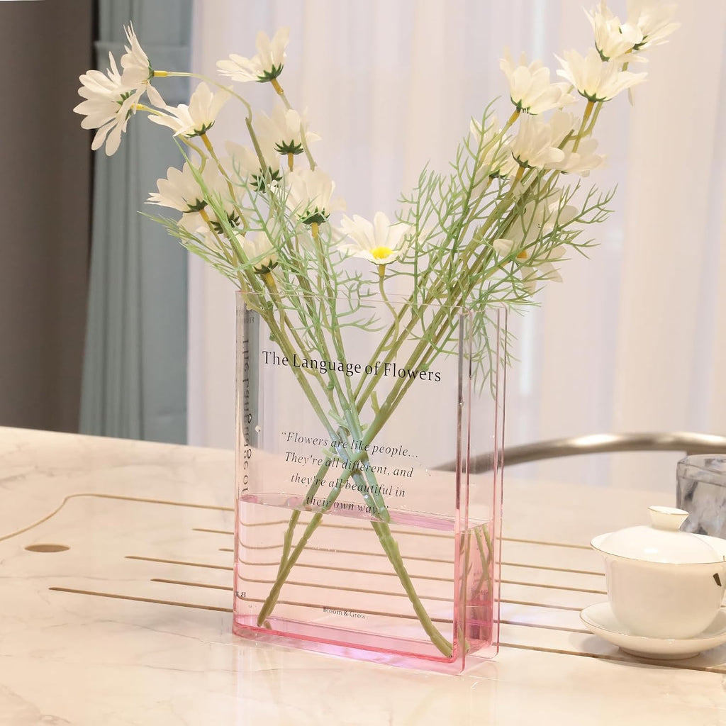 Alpharan Pink Book Vase, Acrylic Clear Book-Shaped Flower Vase | Simplicity Bookshelf Decor,Unique Stuff for Book Lovers,Home Decor,Book Club Gifts,Decorative Accent,Modern Style
