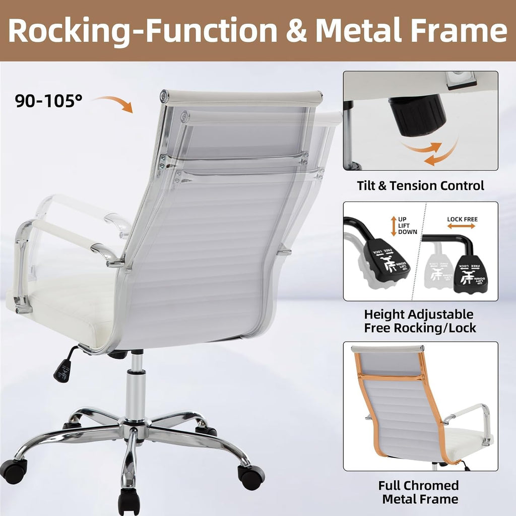 Office Chair, Adjustable Desk Chair, Mid-Back Ergonomic Conference Room Chairs, Comfortable Leather Executive Ribbed Computer Chair, Swivel Chair with Casters for Home Office