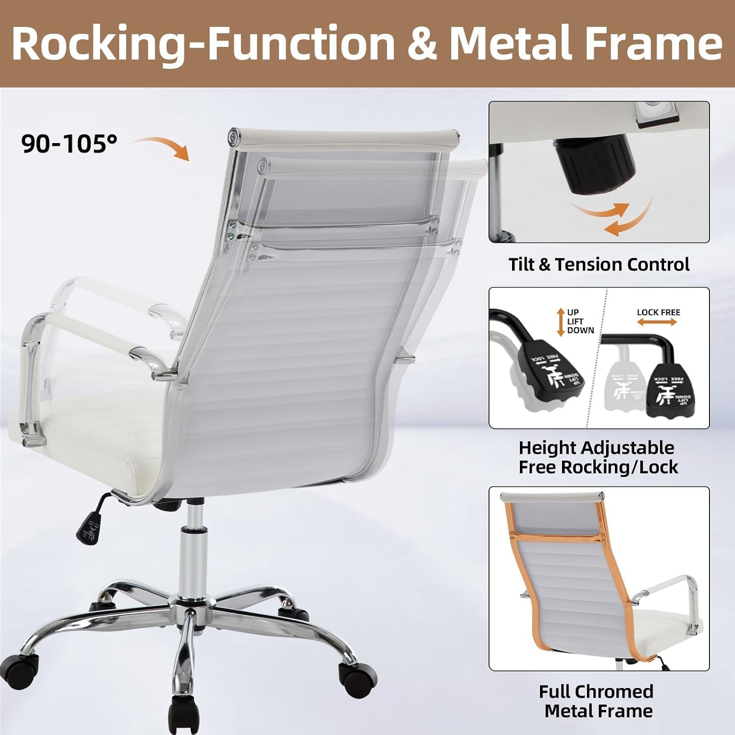 Office Chair, Adjustable Desk Chair, Mid-Back Ergonomic Conference Room Chairs, Comfortable Leather Executive Ribbed Computer Chair, Swivel Chair with Casters for Home Office