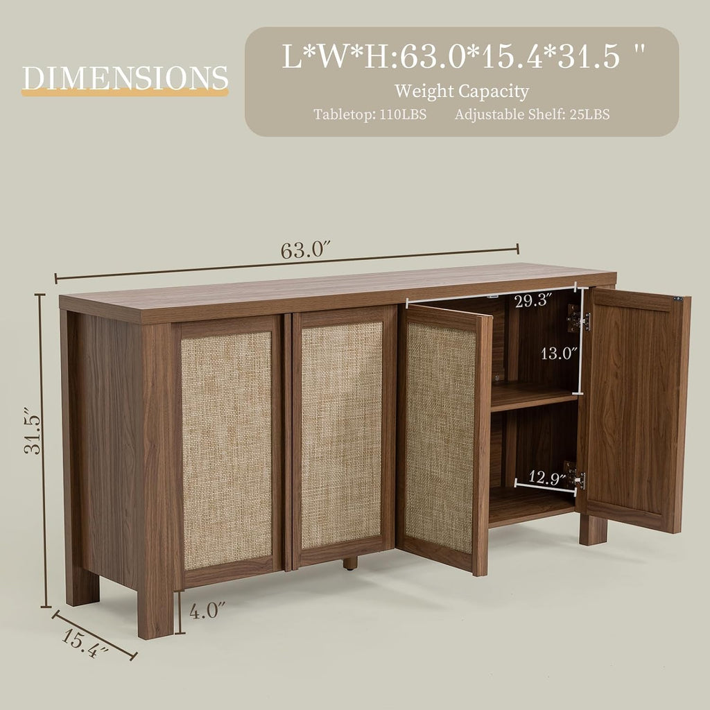 Yechen Buffet Cabinet with Storage, 63" Wide Sideboard with Solid Wood Handles and Rattan Look Accent Doors, Flexible Shelves, for Living Room, Kitchen, Dark Walnut