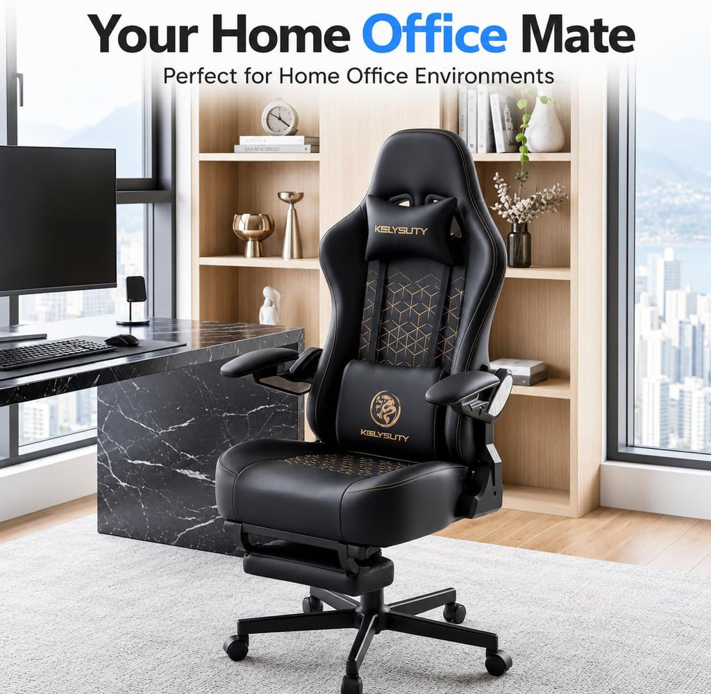 Ergonomic Gaming Chair for Adults - Big and Tall Desk Chair with Lumbar Support and Mechanical Arm Armrests, Comfortable Gamer Computer Chair, Gaming Chairs with Footrest (Black Leather)