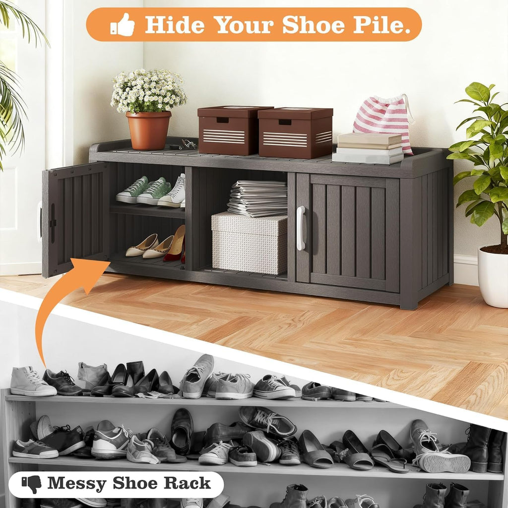 Outdoor Shoe Bench with Waterproof UV-Resistant Indoor Resin Shoe Cabinet Entryway Shoe Cabinet with 2 Doors or Entryway,Living Room,Bedroom,Black (2 Door)