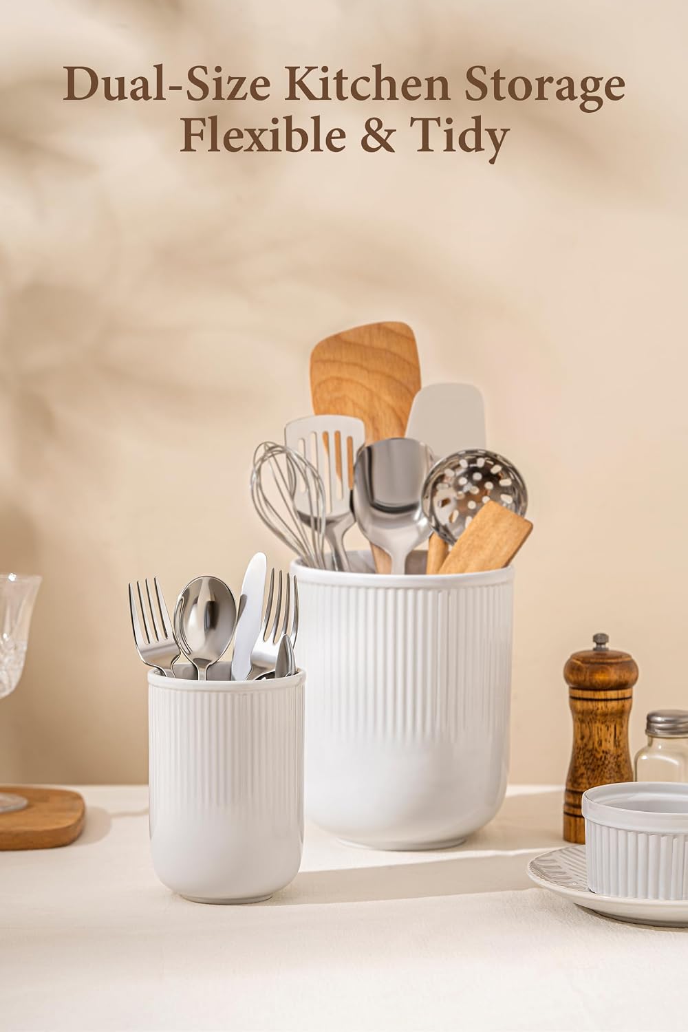 FOBENTA Utensil Holder, 7.3’’+5.4’’ Ceramic Kitchen Utensil Holder for Countertop, Large Utensil Crock–Cooking Utensil Organizer for Spatula & Spoon, Modern Kitchen Decor, Set of 2, White