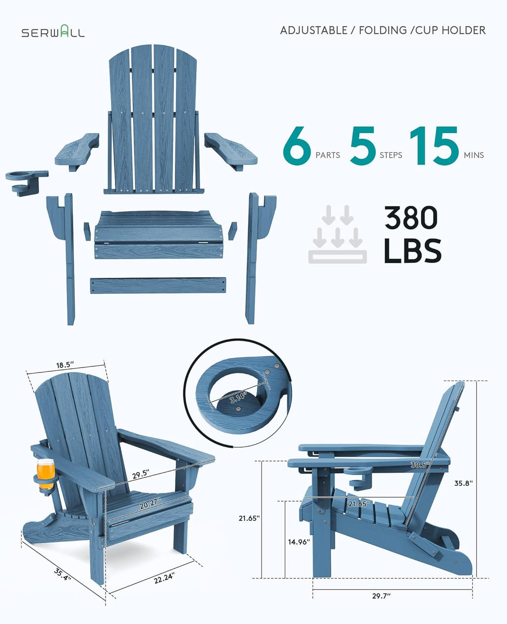 SERWALL Folding Adirondack Chair Set of 2, Adjustable Adirondack Chair with 3 Recline Positions, All Weather HDPE Outdoor Adirondack with Cup Holders, Blue
