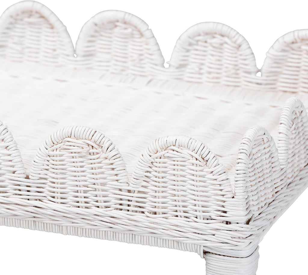 Bali & pari Sumana Natural Rattan Side Table - Handwoven Wicker 2-Tier Accent End Table with Scalloped Tray Top for Living Room, White