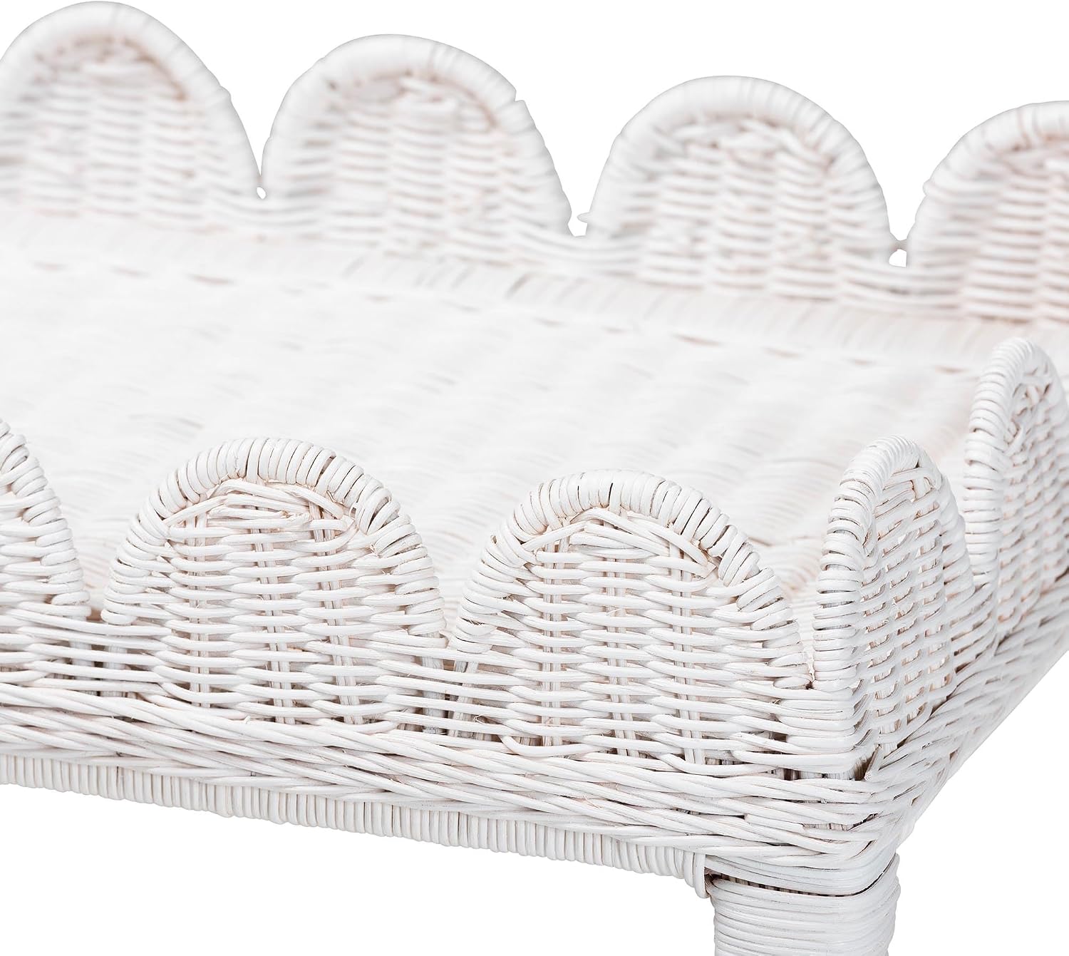 Bali & pari Sumana Natural Rattan Side Table - Handwoven Wicker 2-Tier Accent End Table with Scalloped Tray Top for Living Room, White