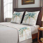 Beige Palm Trees Bed Runners for Full/Queen Size Bed, Summer Tropical Coastal Wooden Bedroom Hotel Wedding Room Bedding Scarf Protector Beds Scarves Throw for Foot and Pillowcase Set 18x18in