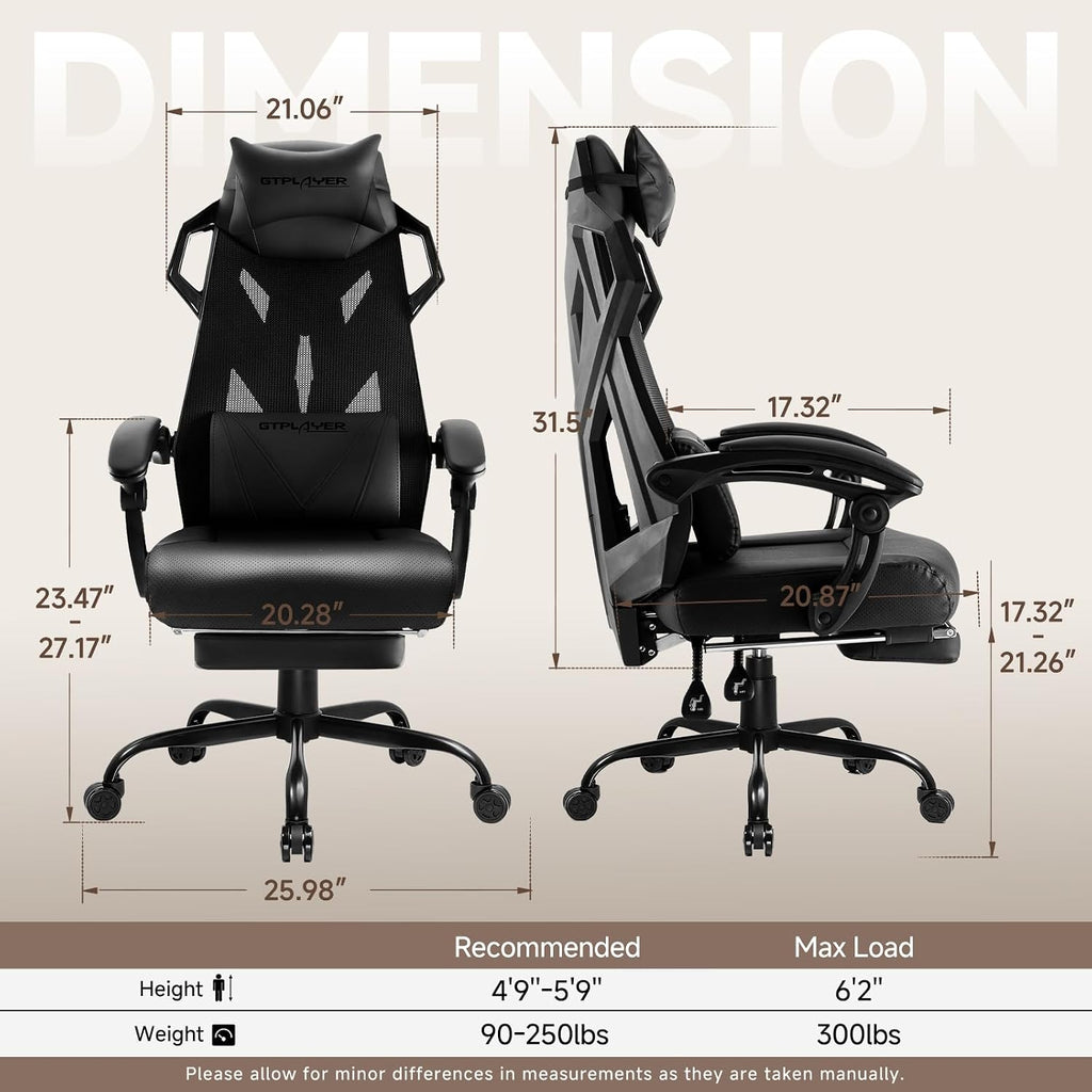 GTPLAYER Computer Chair with Adjustable Footrest, Ergonomic Gaming Chair with Headrest and Lumbar Support, Breathable Mesh Office Chair for Adults, High Back Reclining Desk Chair for Gaming and Office