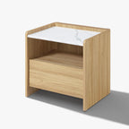LuxenHome Nightstand with Drawer and Shelf, 18.8'' Wood Japandi Modern Accent End Table with Faux Marble Top, Night Stand with Rounded Corner, Small Bedside Table with Storage for Bedroom,Living Room