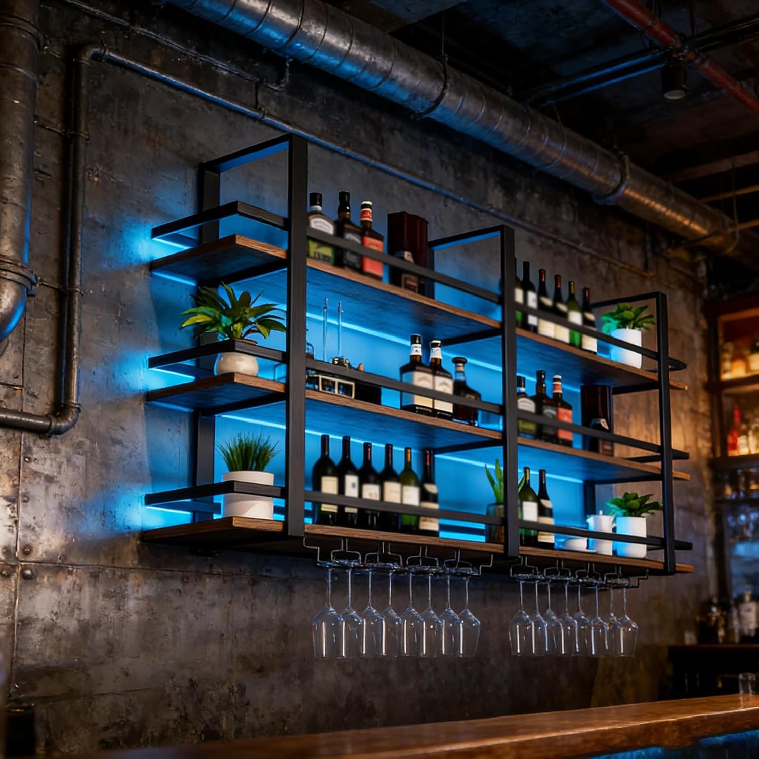 Wine Rack Wall Mounted with LED Lights, 3 Tier Metal Liquor Floating Display Shelves, with Wine Glass Rack, Iron & Wood Industrial Wall Wine Rack, for Bar, Kitchen, Cafe (Black, 63in)