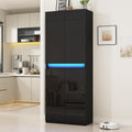 Furnify 71" Tall Pantry Storage Cabinet, Kitchen Pantry with High Gloss Doors, Modern Buffet Hutch Cabinet with Led Light and Adjustable Shelves for Dining Room, Living Room, Black