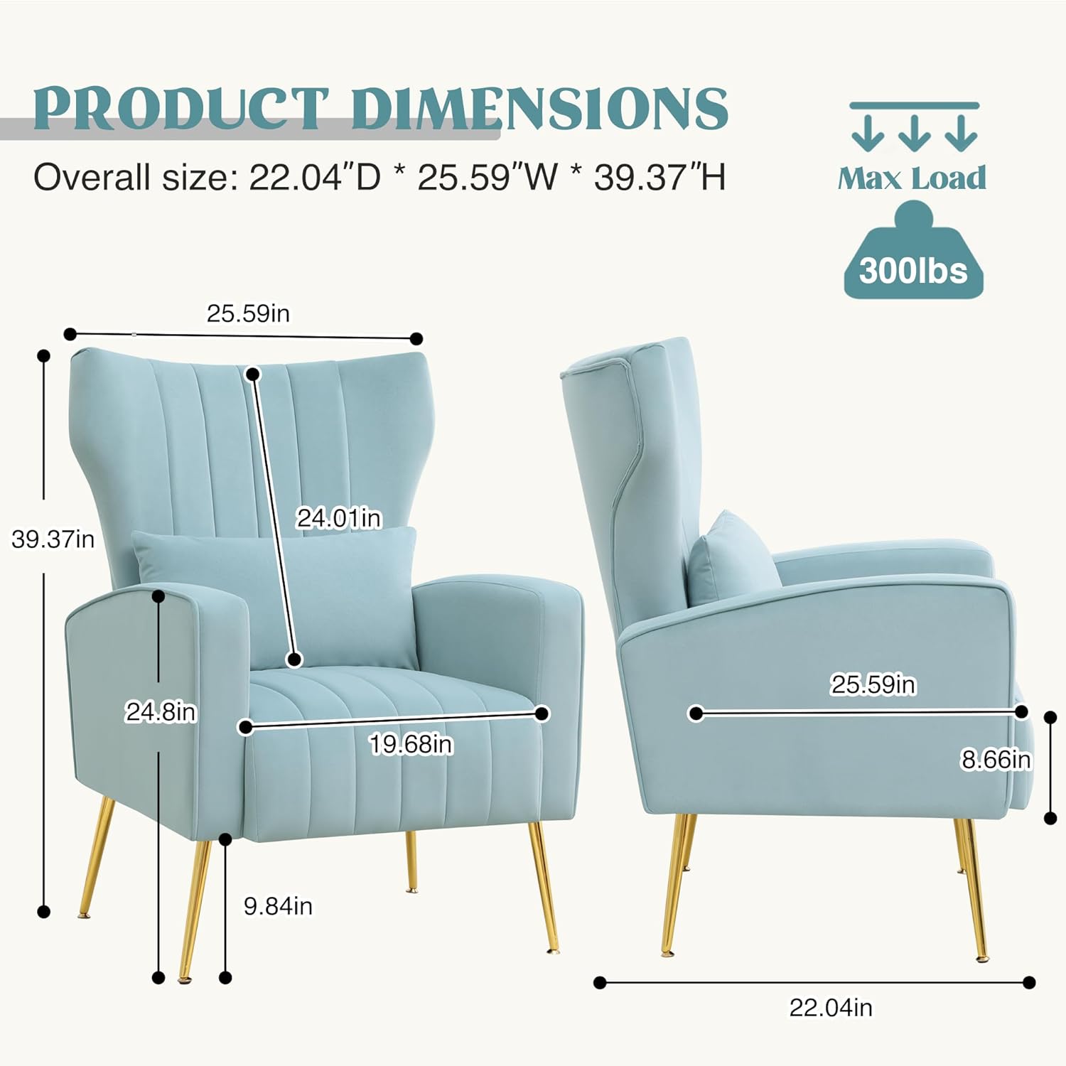 Modern Accent Chairs Set of 2 Upholstered Living Room Chairs,High Back Arm Chairs with Metal Legs Lumbar Reading Chair for Bedroom, Apartment, Small Spaces Sky Blue