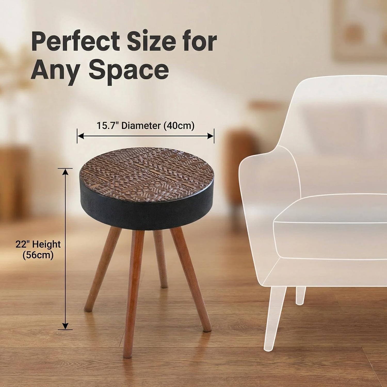 Round Wooden End Table with Retro Carved Brown Top & Black Wood Support Legs, Vintage 15.7" Small Circle Sofa Side Table for Living Room Bedroom (Brown, 4 Legs Support)