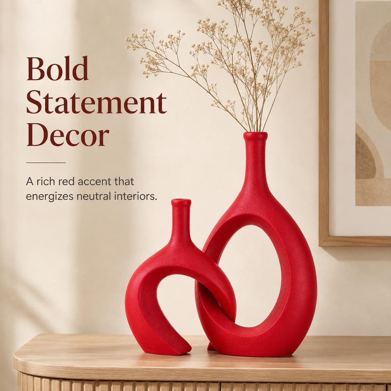 Dark Red Unique Hollow Bud Vases Set of 2,Modern Snuggle and Huging Style Ceramic Vase for Pampas Grass,Living Room Decorations for Fireplace,Coffee Table Centerpiece,Mantle,Bookshelf Decor