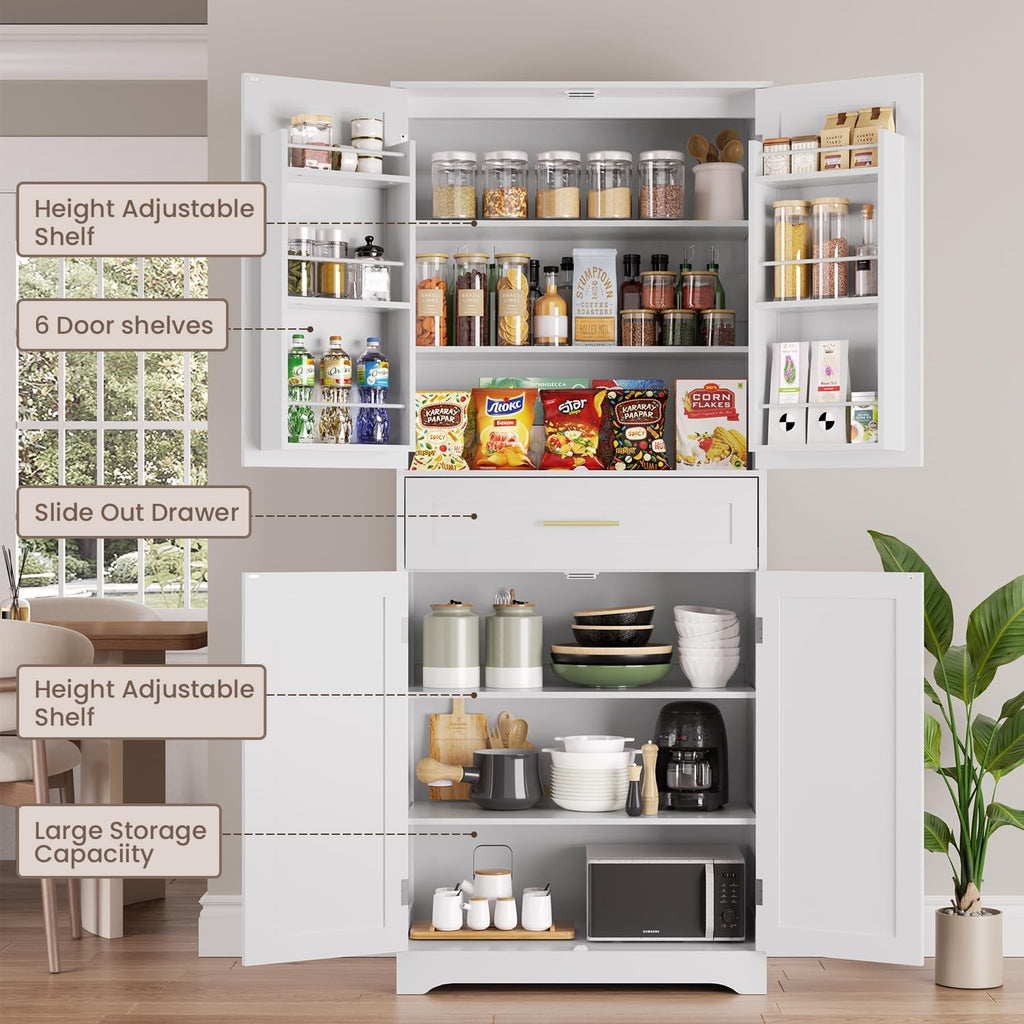 70.9" Tall Pantry Cabinet, Kitchen Pantry Storage Cabinet, Freestanding Food Pantry Cabinet with 4 Doors and Adjustable Shelves, Cupboard with Drawer for Kitchen, Living Room, White