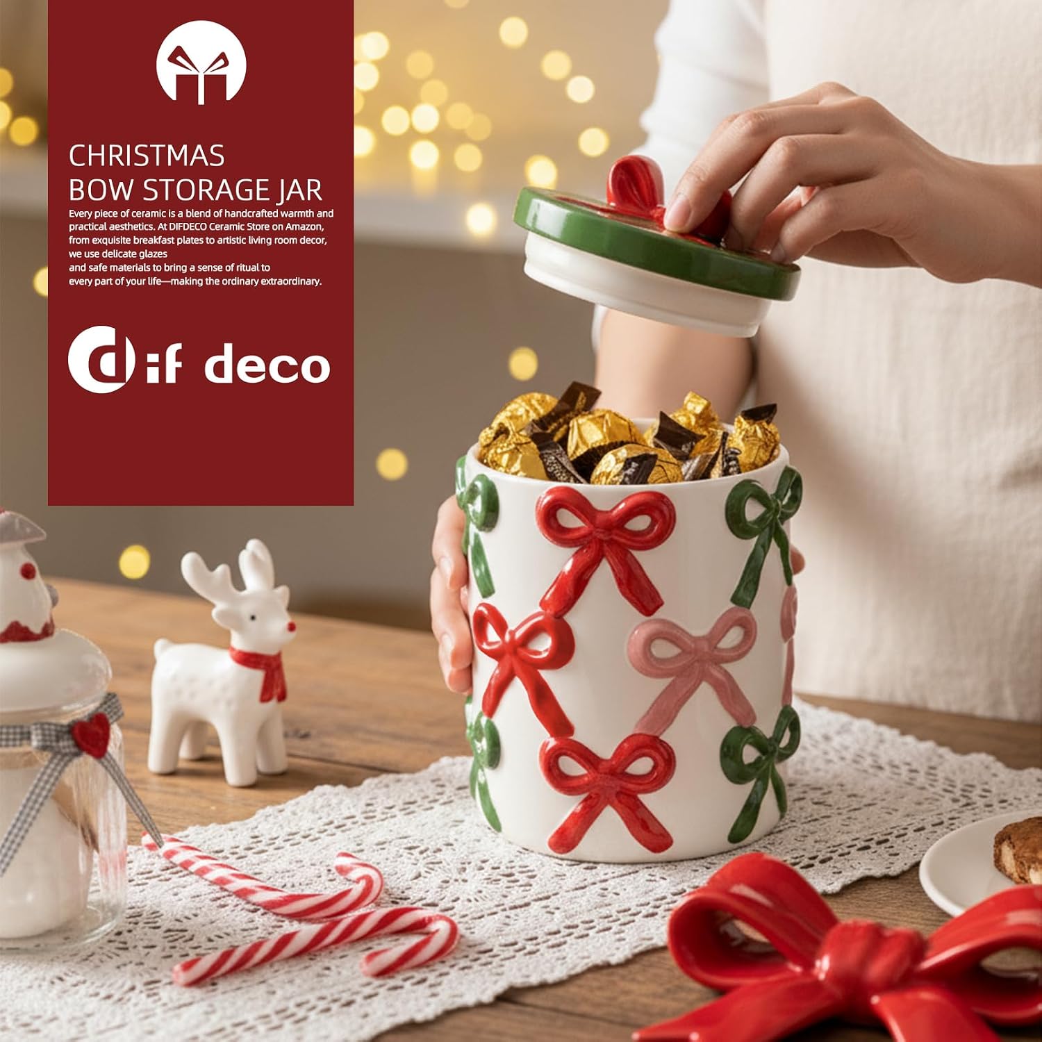 DIF DECO Christmas Ceramic Food Storage Jars with Lid, 56 OZ Xmas Hand-Painted Red and Green Bow Kitchen Containers for Coffee, Cookie, Snacks, Tea, Spice, Cereal, Nut, Flour
