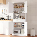 Apicizon 71’’ Tall Kitchen Pantry Storage Cabinet, Modern Kitchen Hutch Bar Cabinet with Microwave Stand & 3 Adjustable Shelves, Cupboard with Deep Drawer, Wood Buffet Sideboard for Dining Room, White