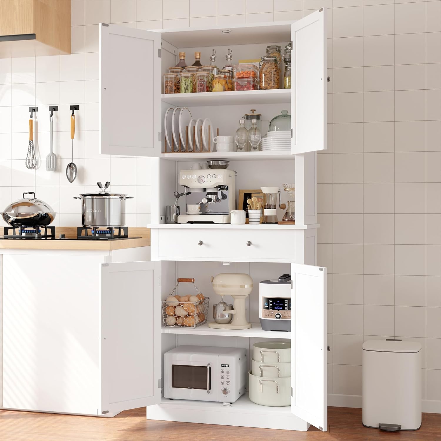 Apicizon 71’’ Tall Kitchen Pantry Storage Cabinet, Modern Kitchen Hutch Bar Cabinet with Microwave Stand & 3 Adjustable Shelves, Cupboard with Deep Drawer, Wood Buffet Sideboard for Dining Room, White