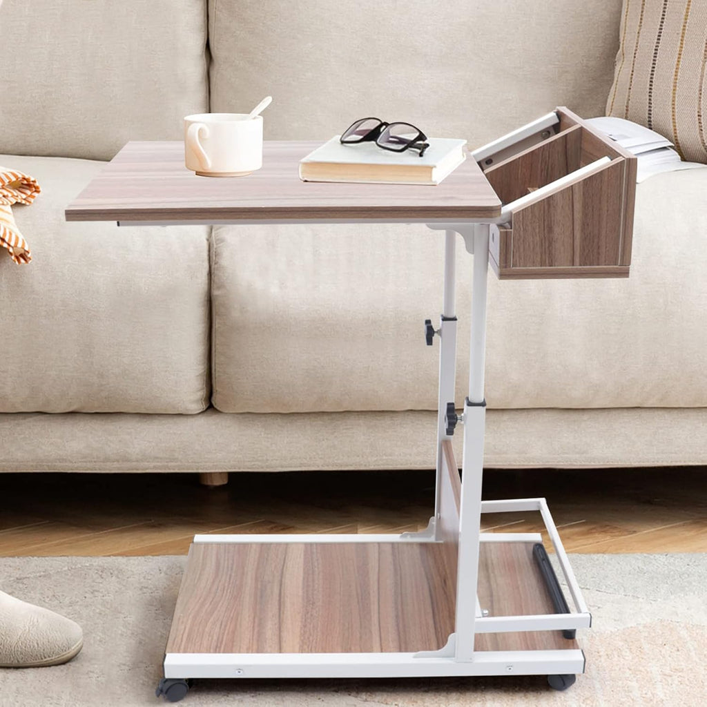 C Shaped End Table, Height Adjustable Sofa Side Tables with Side Storage 2 Tier Mobile Couch End Table on Lockable Wheels for Living Room Bedroom Small Spaces(Antique Oak Color)
