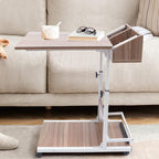 C Shaped End Table, Height Adjustable Sofa Side Tables with Side Storage 2 Tier Mobile Couch End Table on Lockable Wheels for Living Room Bedroom Small Spaces(Antique Oak Color)