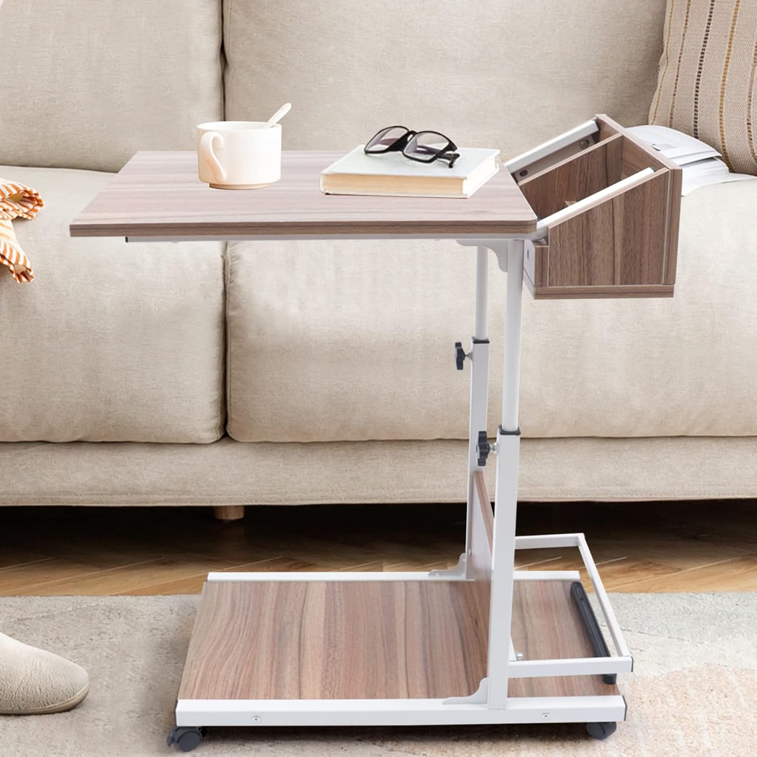 C Shaped End Table, Height Adjustable Sofa Side Tables with Side Storage 2 Tier Mobile Couch End Table on Lockable Wheels for Living Room Bedroom Small Spaces(Antique Oak Color)