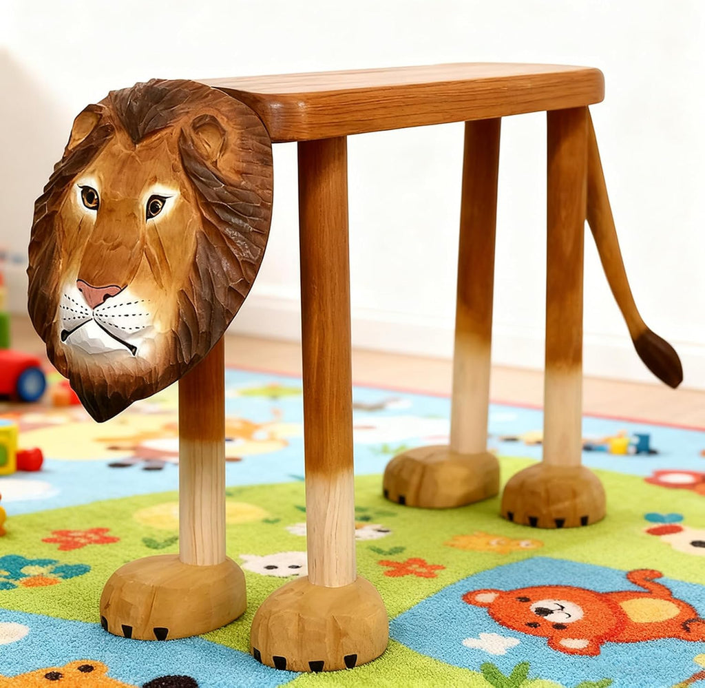 Lion Hand-Carved Wood Decorative Bench, Luxury Animal Design Shoe Bench, Solid Wood Animal Footstool for Bedroom Living Room