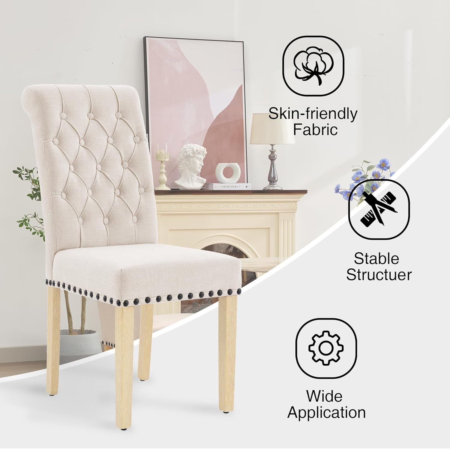 adochr Linen Fabric Dining Chairs Set of 2, Upholstered Dining Room Chair with Wooden Legs, Armless Parsons Chairs for Kitchen/Dining Room/Living Room, Beige