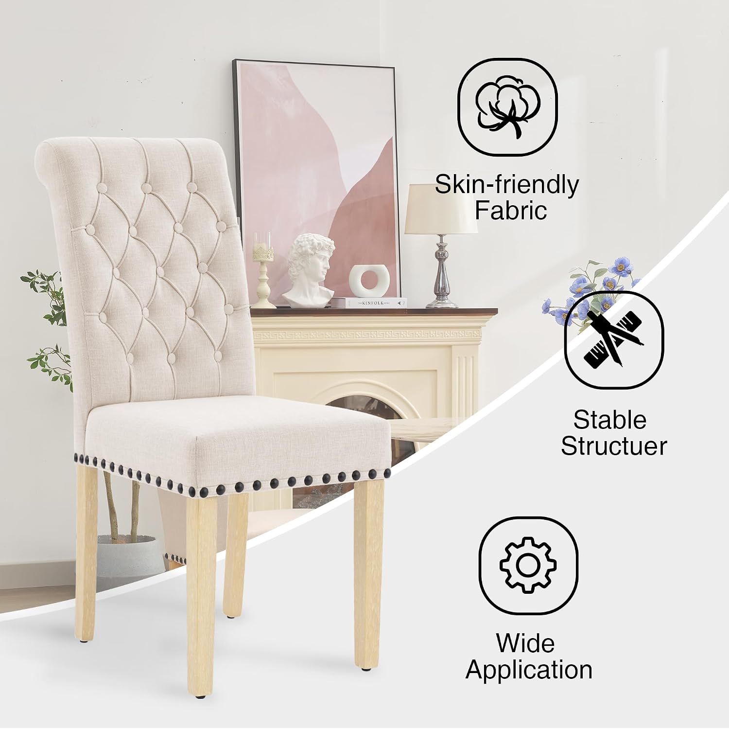 adochr Linen Fabric Dining Chairs Set of 2, Upholstered Dining Room Chair with Wooden Legs, Armless Parsons Chairs for Kitchen/Dining Room/Living Room, Beige