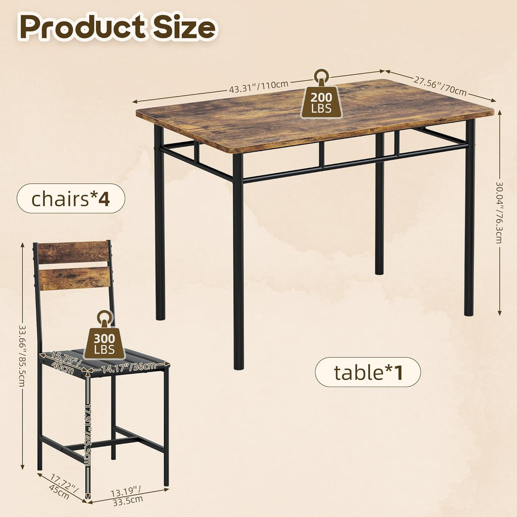 Dining Table Set for 4, Kitchen Table and Chairs for 4, Kitchen Table with 4 PU Leather Upholstered Dining Room Chairs for Kitchen Room and Small Spaces, Rustic Brown
